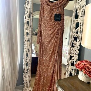 Mac Duggal Asymmetrical one shoulder long sleeve, ruched gown.